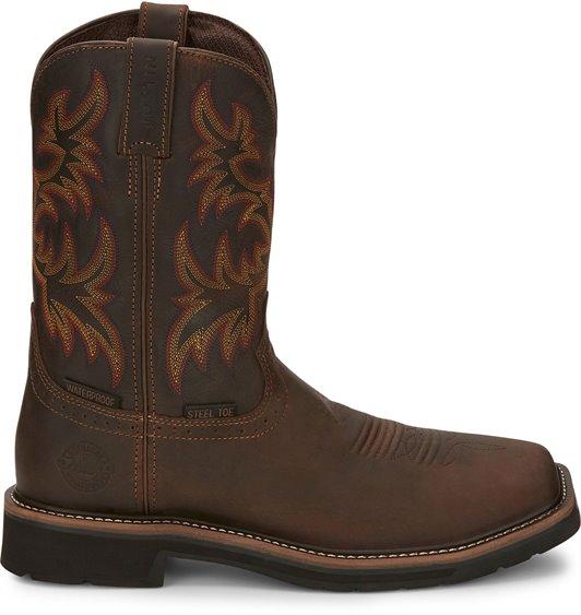alternate side of dark brown cowboy boot with orange and red embroidery 