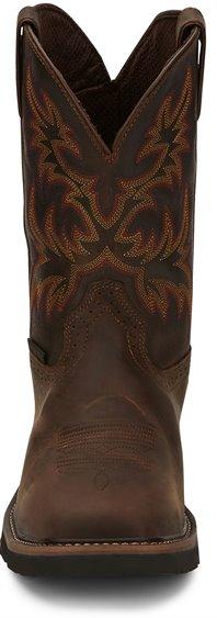 front of dark brown cowboy boot with orange and red embroidery 