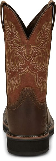 back of cowboy boot with tan shaft, brown vamp, and white embroidery