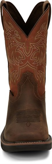 front of cowboy boot with tan shaft, brown vamp, and white embroidery