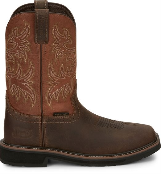 alternate side of cowboy boot with tan shaft, brown vamp, and white embroidery