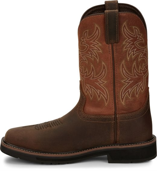 side of cowboy boot with tan shaft, brown vamp, and white embroidery