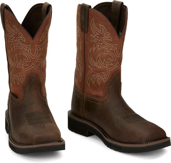 cowboy boot with tan shaft, brown vamp, and white embroidery