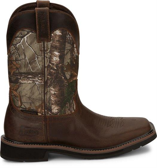 alternate side of cowboy boot with camo shaft and brown vamp