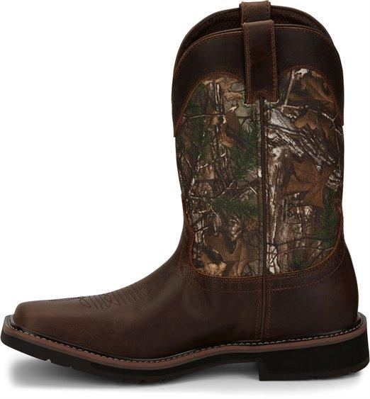 side view of cowboy boot with camo shaft and brown vamp