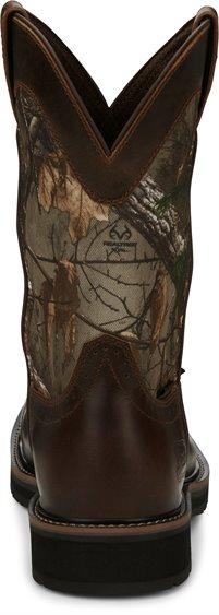 back of cowboy boot with camo shaft and dark brown vamp