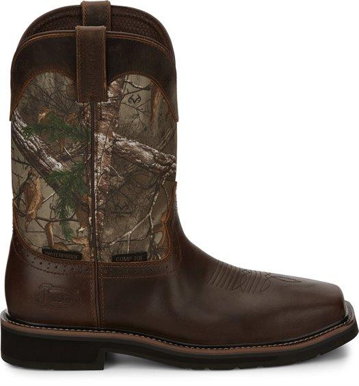 alternate side of cowboy boot with camo shaft and dark brown vamp
