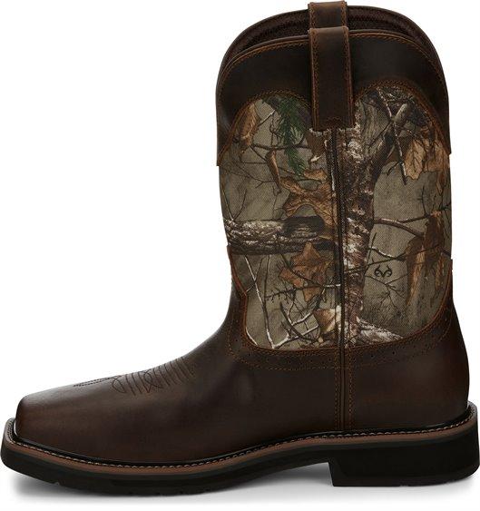 side of cowboy boot with camo shaft and dark brown vamp