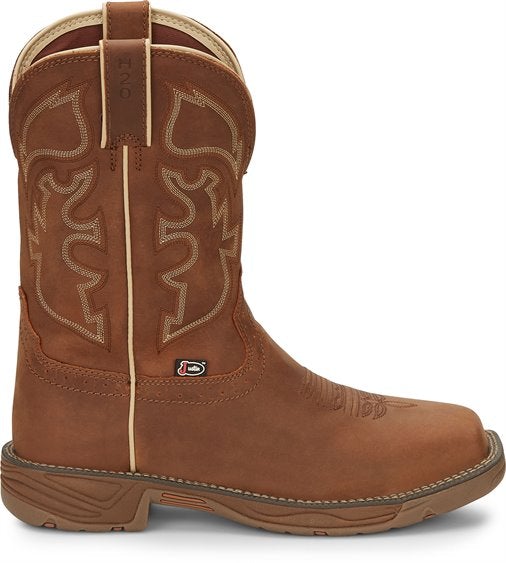 side view of tan cowboy boots with light brown embroidery 
