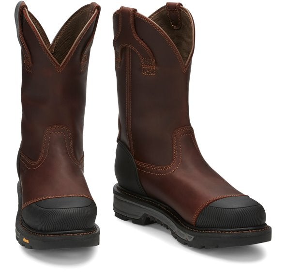 dark brown hightop pull on work boot with black toe and heel