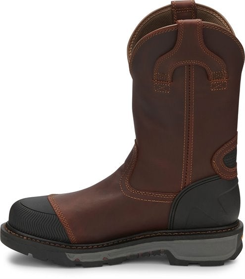 alternate side view of dark brown hightop pull on work boot with black toe and heel