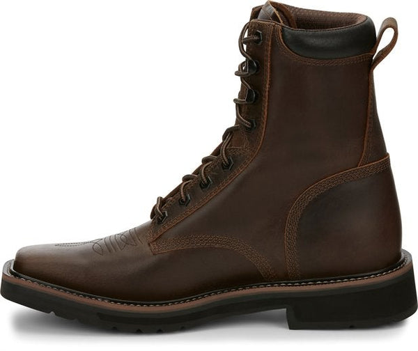 side of mid-rise brown boot with brown laces, brown eyelets, and black sole
