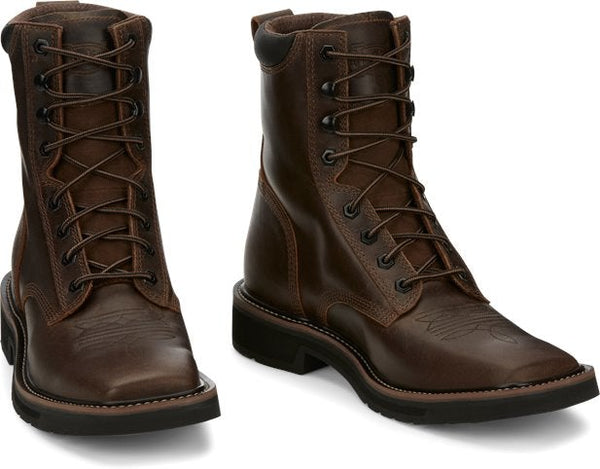two mid-rise brown boots with brown laces, brown eyelets, and black sole