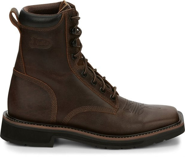mid-rise brown boot with brown laces, brown eyelets, and black sole
