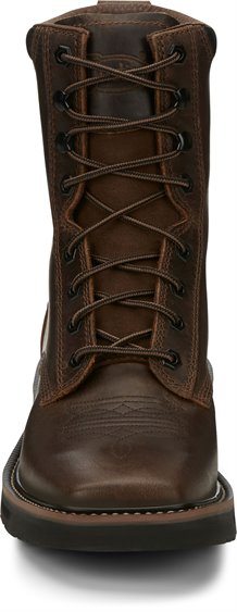 front of mid-rise brown boot with brown laces, brown eyelets, and black sole