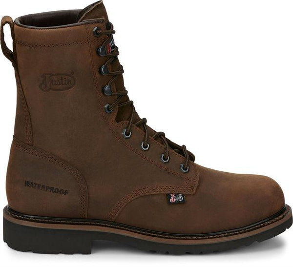 side of brown hightop boot with brown laces and black eyelets