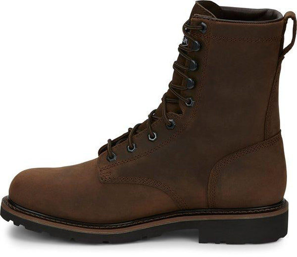 side of brown hightop boot with brown laces and black eyelets