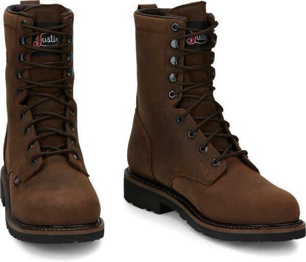 brown hightop boot with brown laces and black eyelets