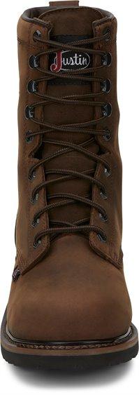 front of brown hightop boot with brown laces and black eyelets