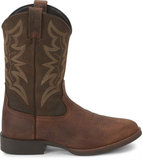 cowboy boot with dark brown shaft and light brown vamp and light brown embroidery