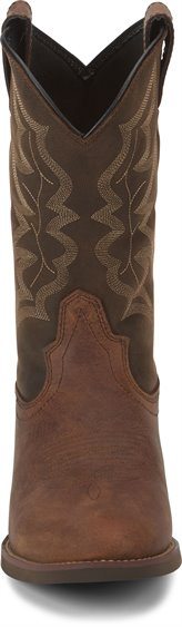 front of cowboy boot with dark brown shaft and light brown vamp and light brown embroidery