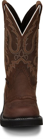 front view of brown traditional round toe cowgirl boot with ivory and rust stitch pattern and white seam accents