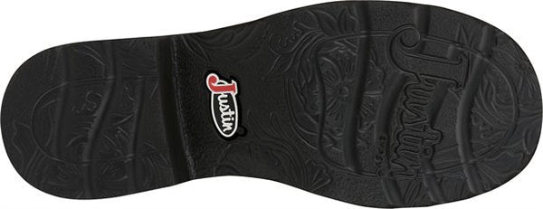 black rubber outsole of round toe boot with Justin logo