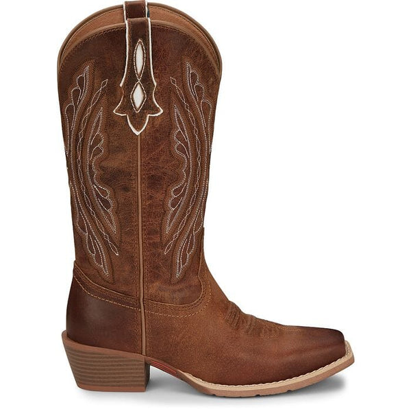 right side view of women's tall tan western boot with white stitching and punched pull strap