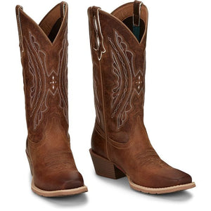 pair of women's tall tan western boots with white stitching and punched pull straps.