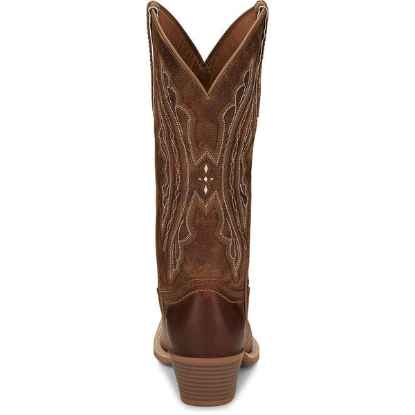 back view of women's tall tan western boot with white stitching