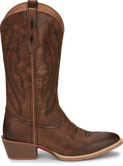 side view of high top women's cowboy boot with dark brown embroidery