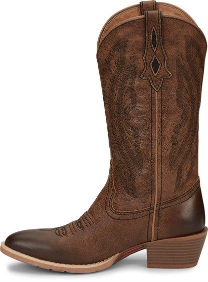 side view of high top women's cowboy boot with dark brown embroidery