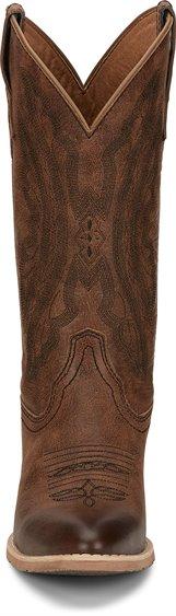 front of high top women's cowboy boot with dark brown embroidery
