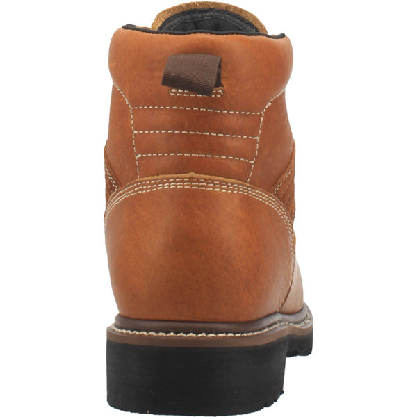back of tan boot with brown laces and gold eyelets black sole
