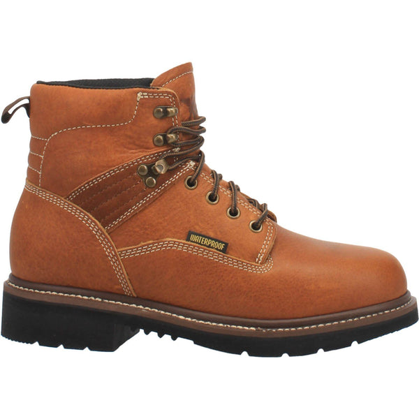 tan boot with brown laces and gold eyelets black sole