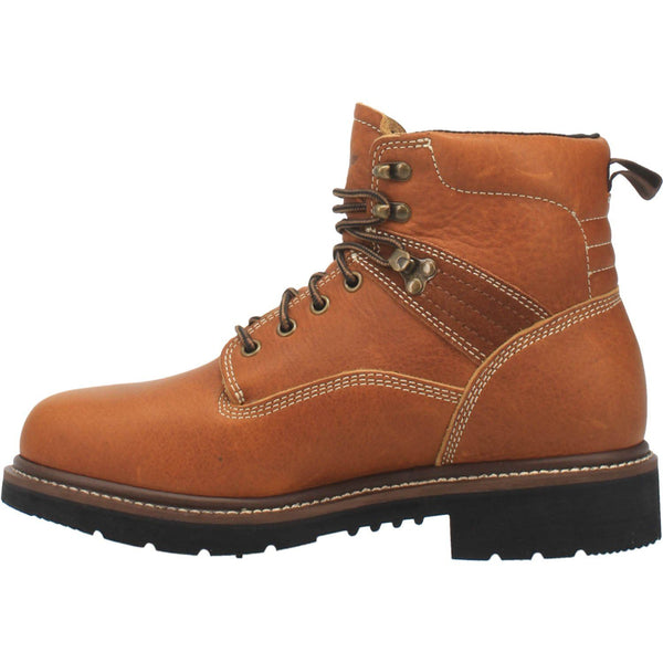 side of mid-rise tan boot with brown laces and gold eyelets