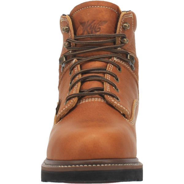 front of mid-rise tan boot with brown laces and gold eyelets