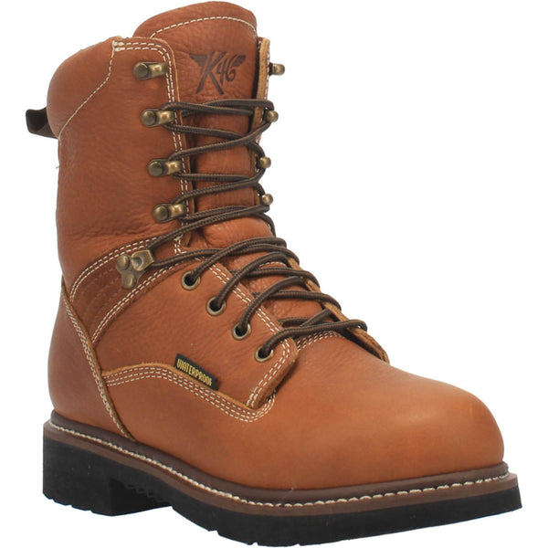 hightop tan boot with brown laces, gold eyelets, and black sole