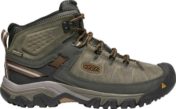 grey/brown hiking boot with brown laces and black sole