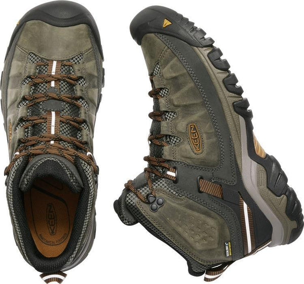 one top view and one side view of grey/brown hiking boot with brown laces and black sole