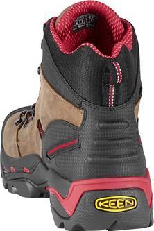 back of brown boot with red accents, red laces, and black toe guard
