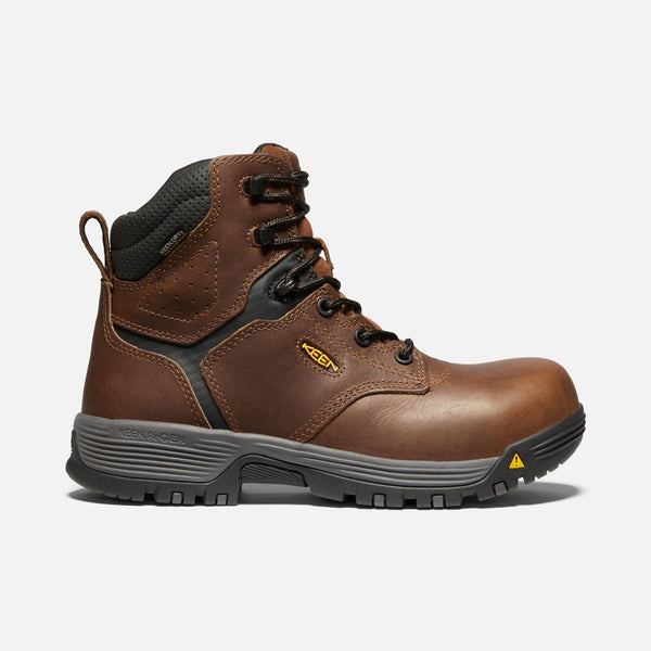 brown boot with black and grey sole, black laces and eyelets