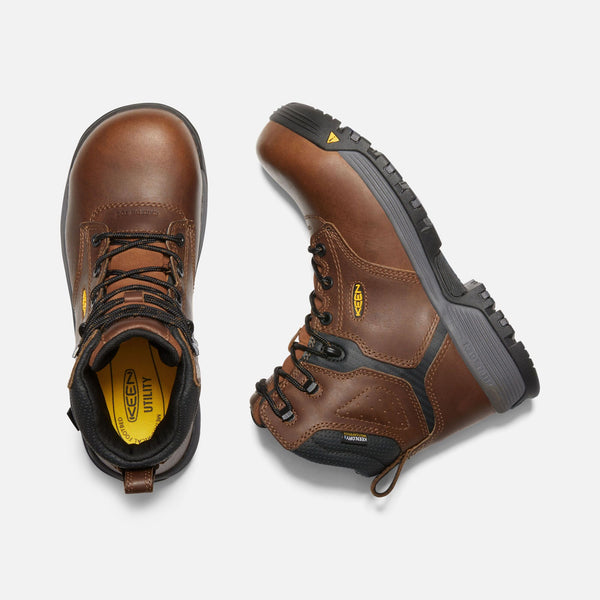 top view and side view of brown boot with black and grey sole, black laces and eyelets