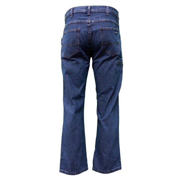 back of blue denim boot cut jeans