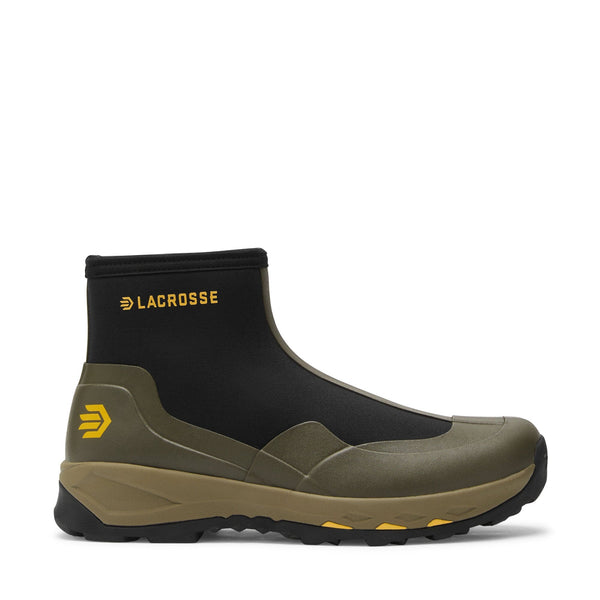 black and olive green low top rubber boot with tan sole and yellow accents
