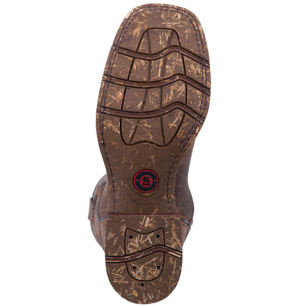 distressed brown sole with red and black logo in center
