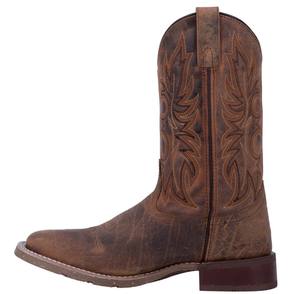 side of brown cowboy boot with brown and black embroidery and distressed leather