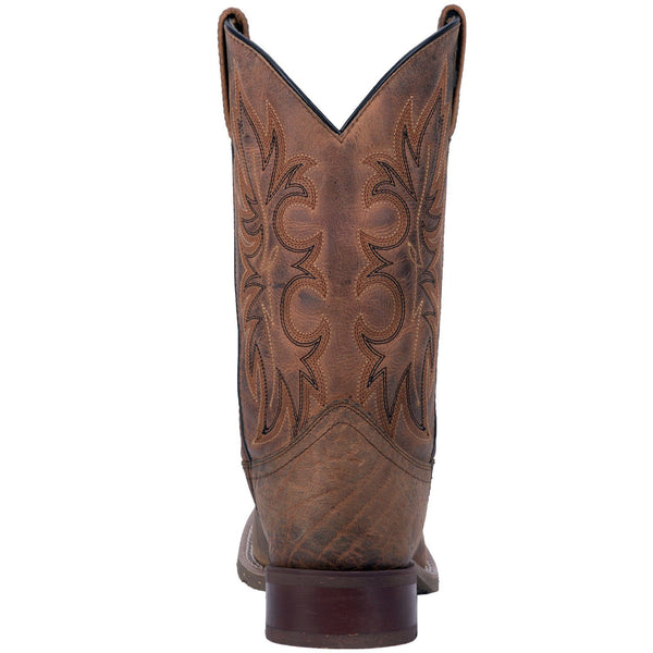 back of brown cowboy boot with brown and black embroidery and distressed leather