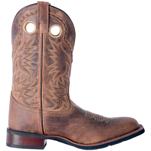 side of light brown cowboy boot with light brown and dark brown embroidery and distressed leather