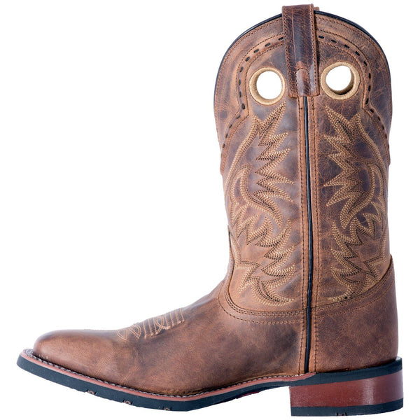 alternate side of light brown cowboy boot with light brown and dark brown embroidery and distressed leather